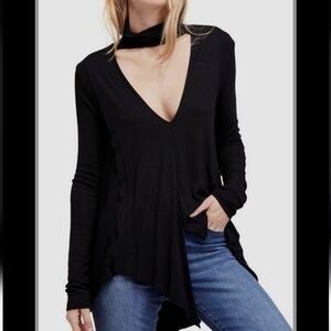 Free People Solid Black Uptown Turtleneck Long Sleeve V-Neck Top Size Medium